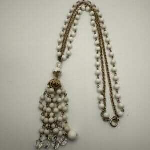 Vintage Gold Tone White Beaded Necklace Crystal Tassel Pendant 22”